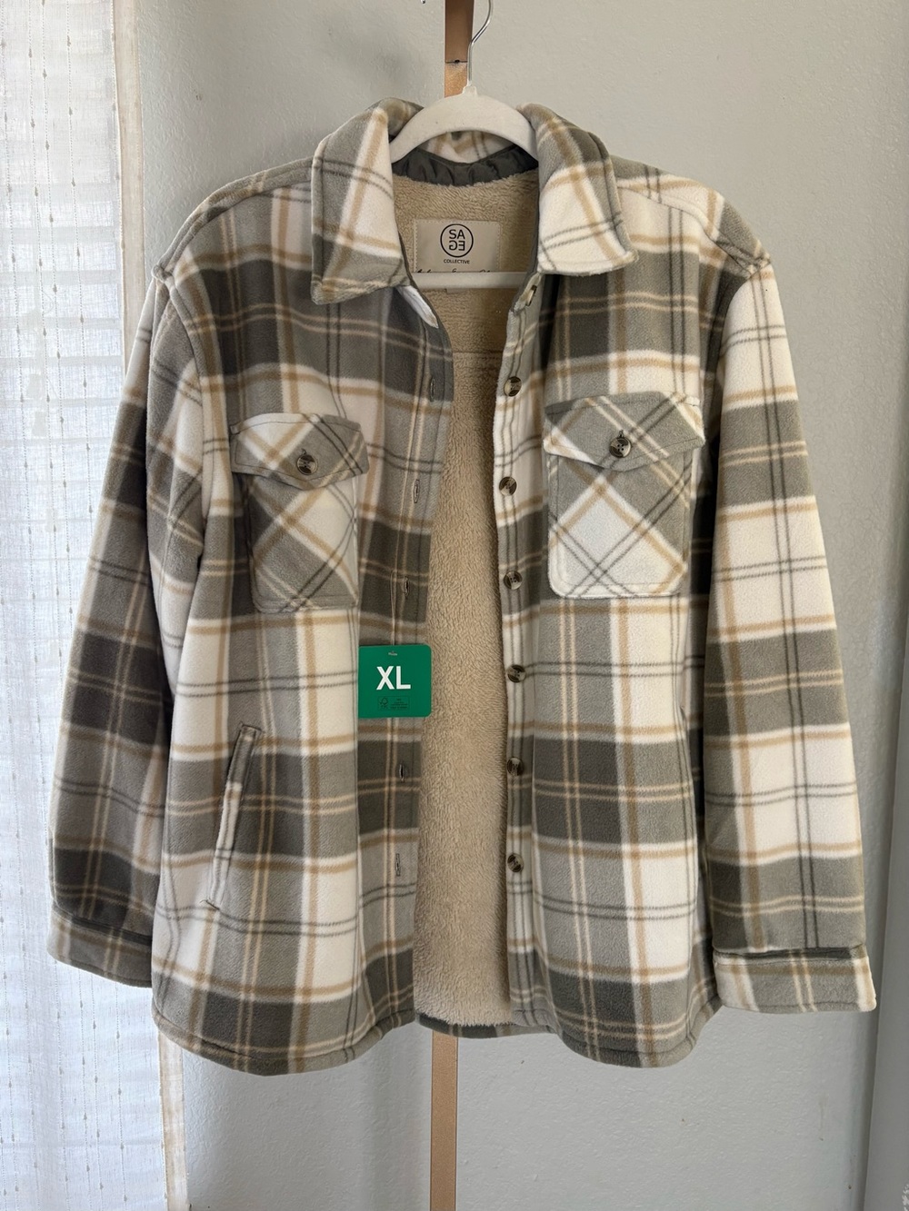 Sage Collective Gray Cream Plaid Sherpa Lined Plush Shacket XL
